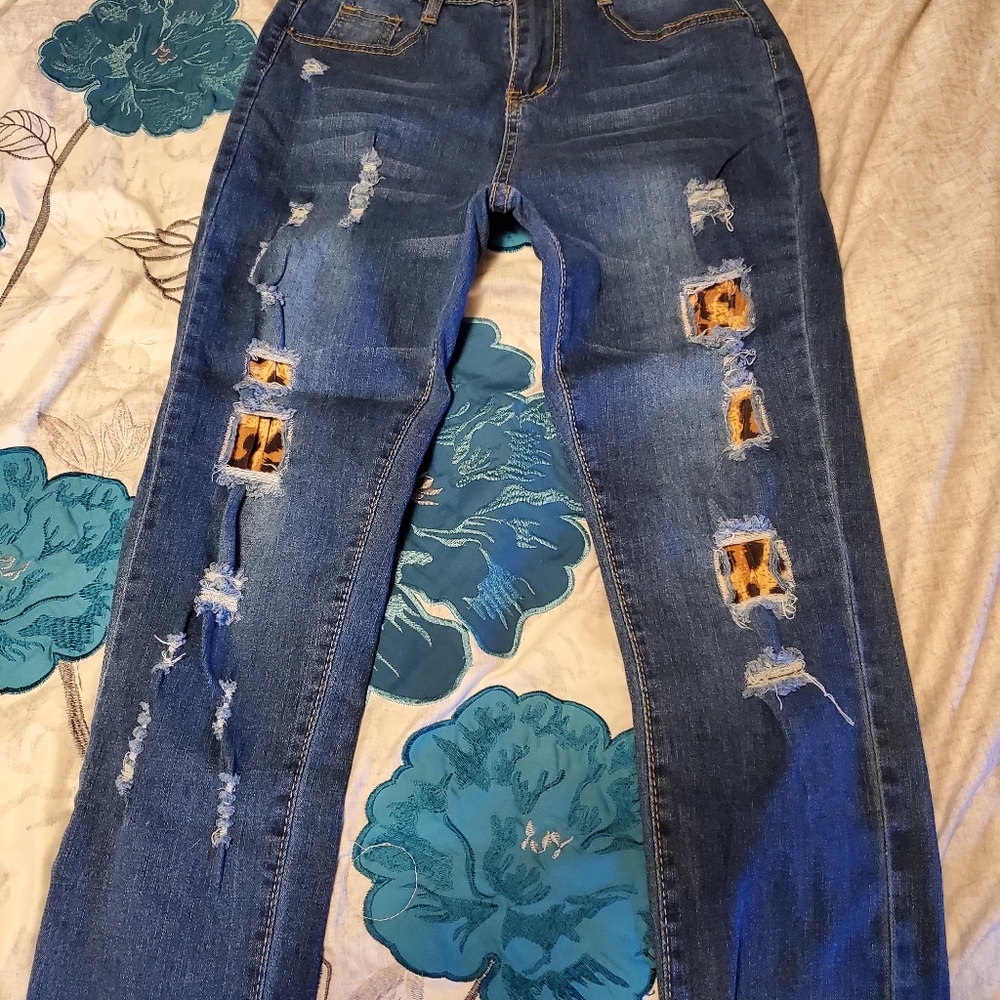 Denim Cheetah Print Distressed Skinny Jeans